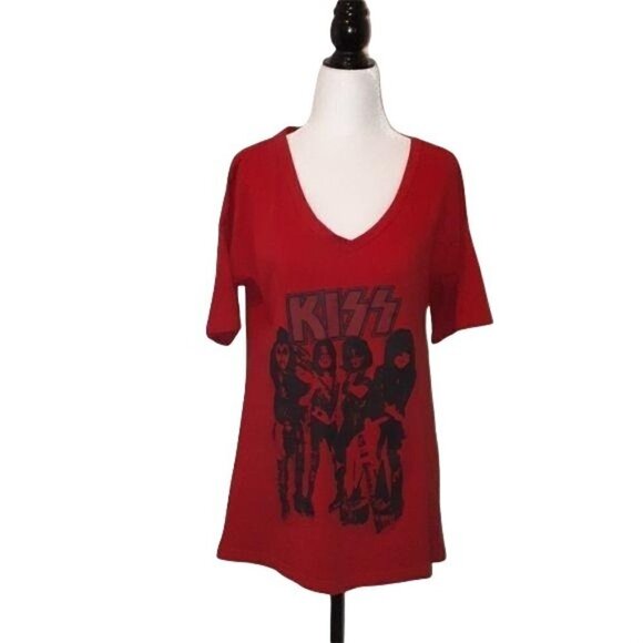 Kiss Graphic Band Tee Red Elbow Sleeve V-Neck Women's Size Small - Picture 2 of 8